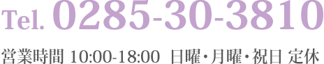 Tel. 0285-30-3810 営業時間 10:00-19:00  日曜・祝日 定休